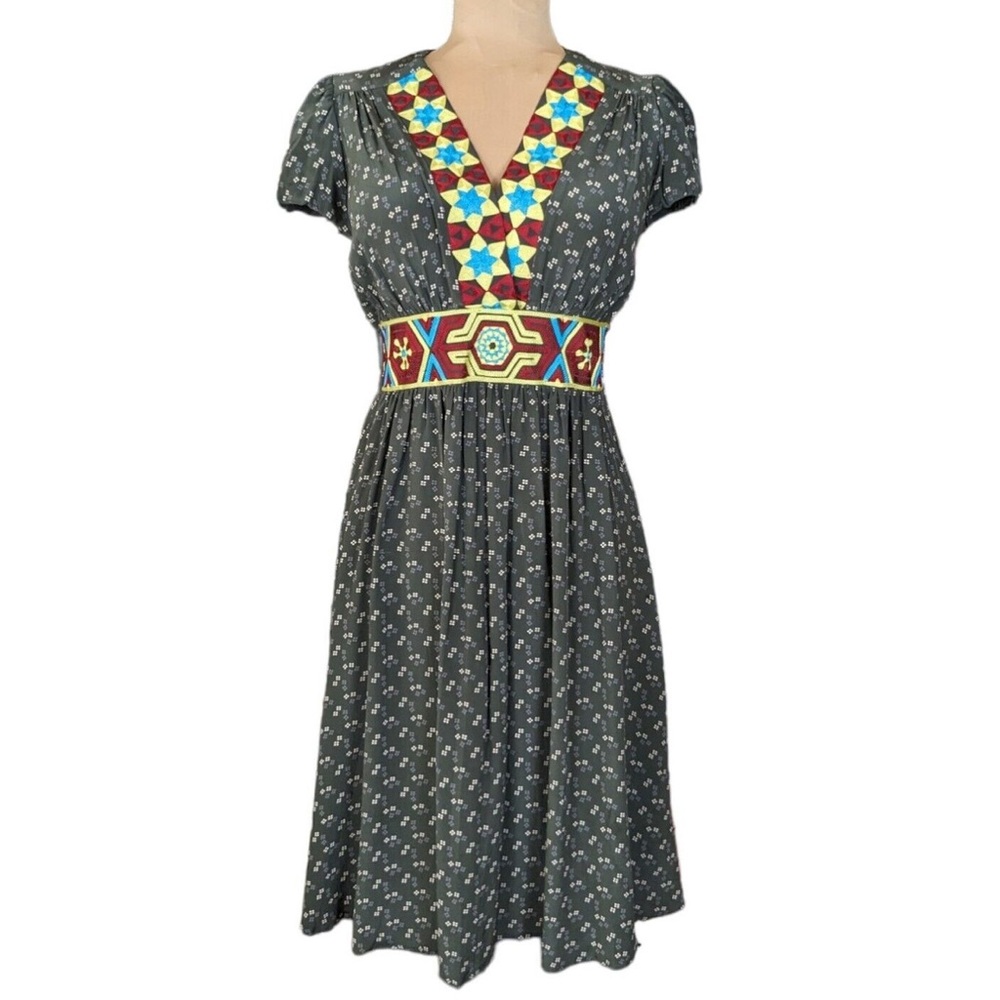 Anthropologie Corey Lynn Calter Embroidered Silk Dress Size 0 Aztec Boho Tribal